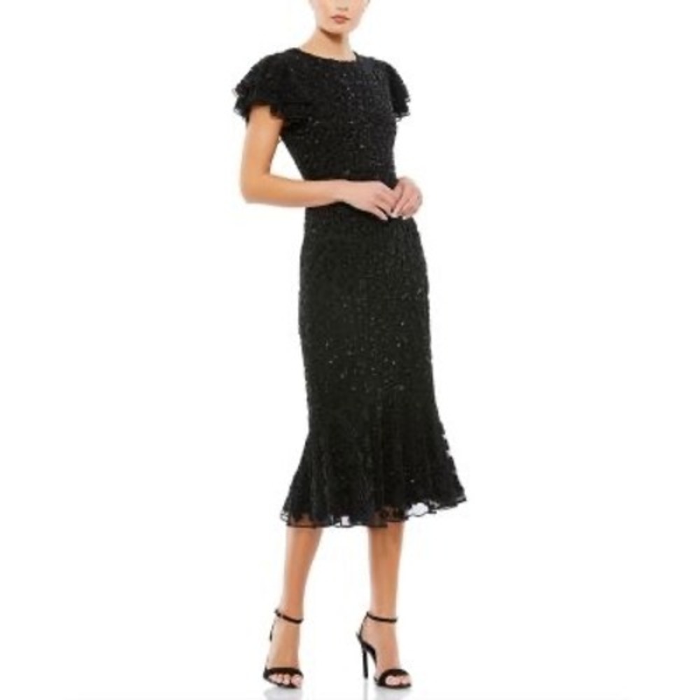Mac Duggal 10771 Black Floral Beaded‎ Sequin Ruffle Sleeve Midi Dress Women's 4
